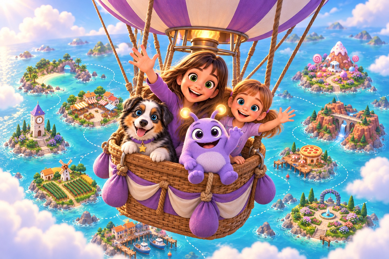 The two sisters, Blue the puppy and Lilo wave from the basket of a purple-and-white hot-air balloon floating over a turquoise sea of little islands, with a clock tower, a windmill farm and a pizza pier.