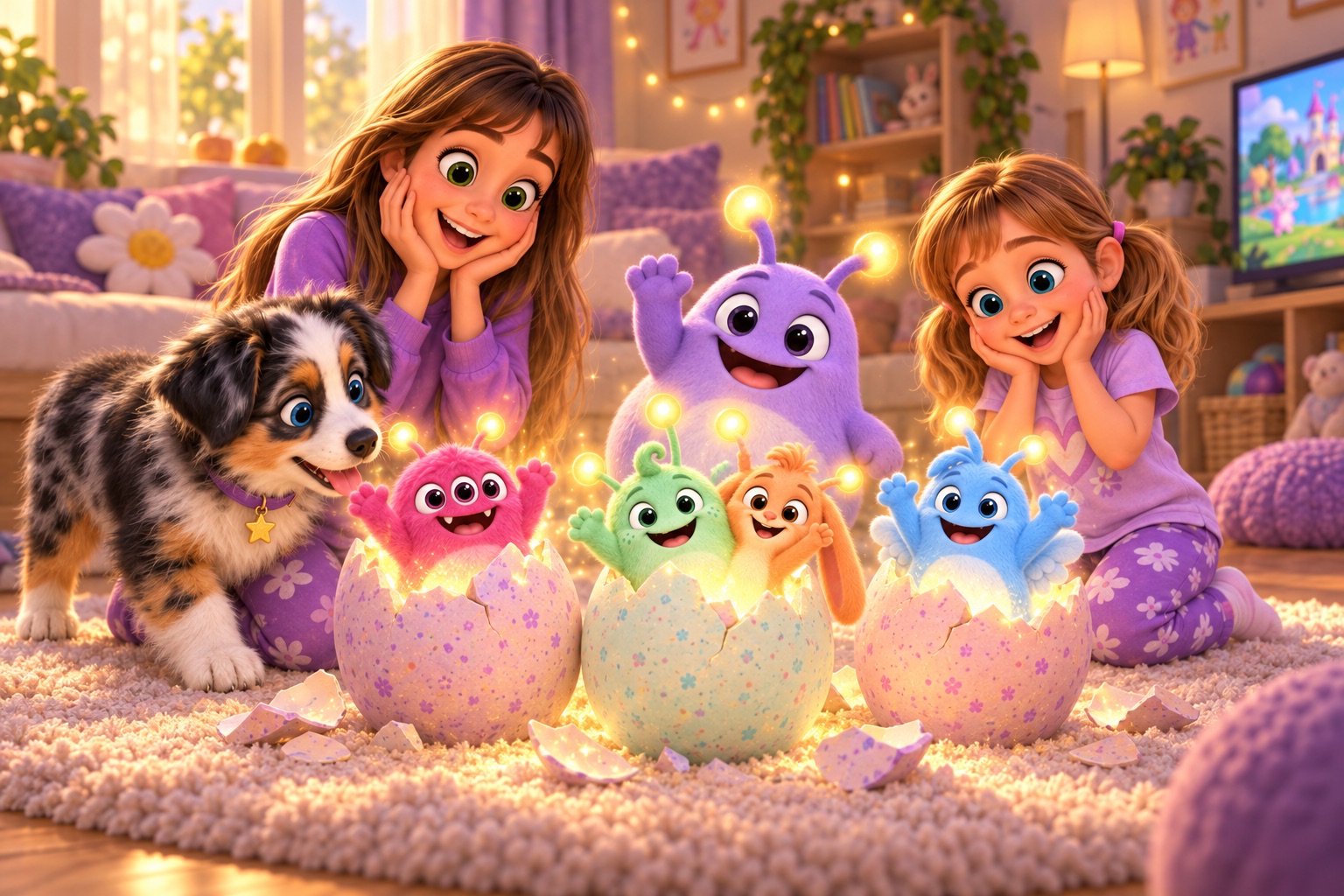 The two sisters and Blue gasp with delight as four speckled eggs crack open on a fluffy rug and baby Numblings pop out, pink, mint, peach and blue, while Lilo waves behind them.