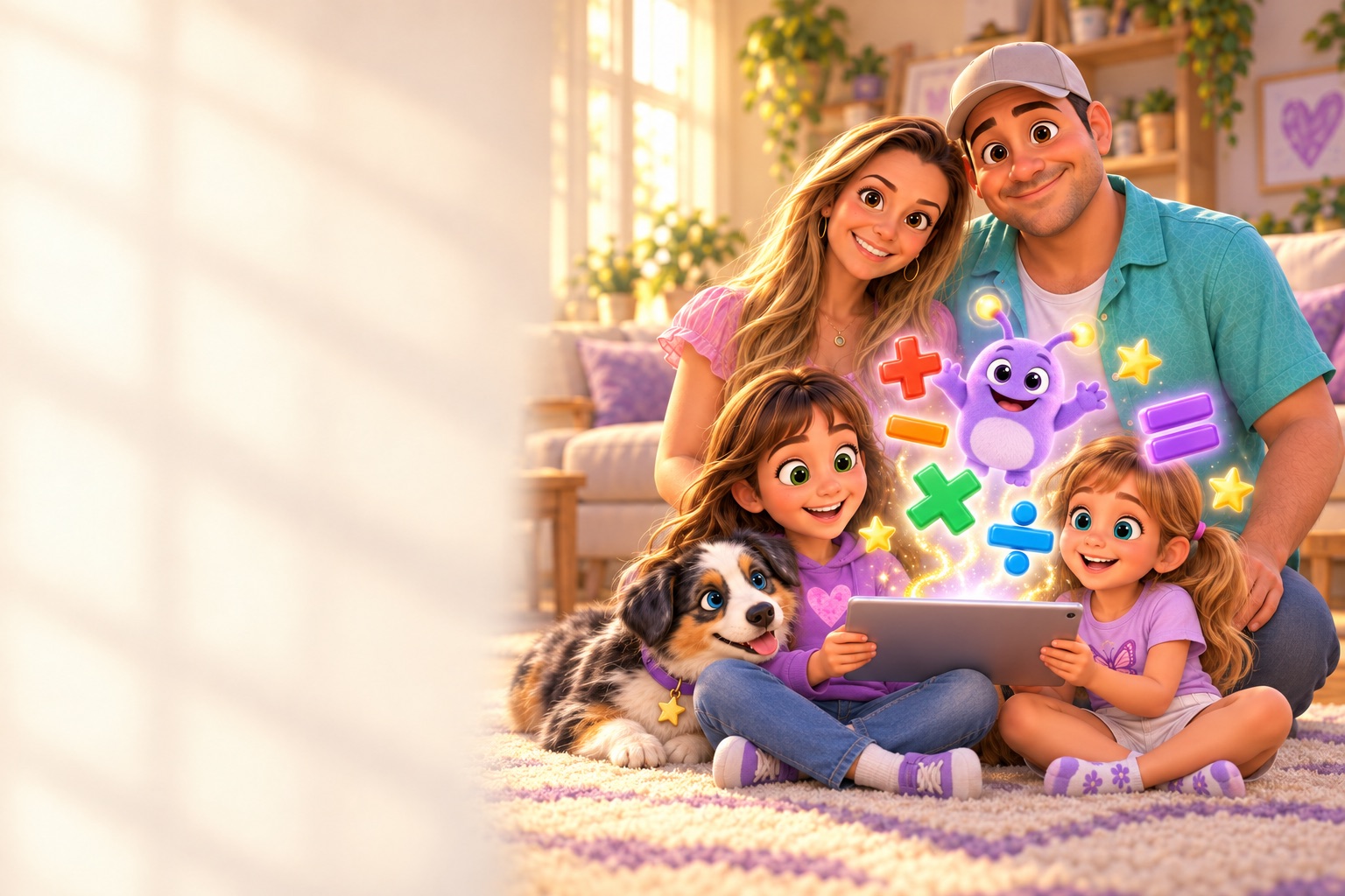 The family on their sunny living-room rug: the two sisters share an iPad while mom, dad and their puppy Blue lean in, and glowing plus, minus, times, divide and equals signs float up from the screen with Lilo, the little lavender creature with glowing antennae.