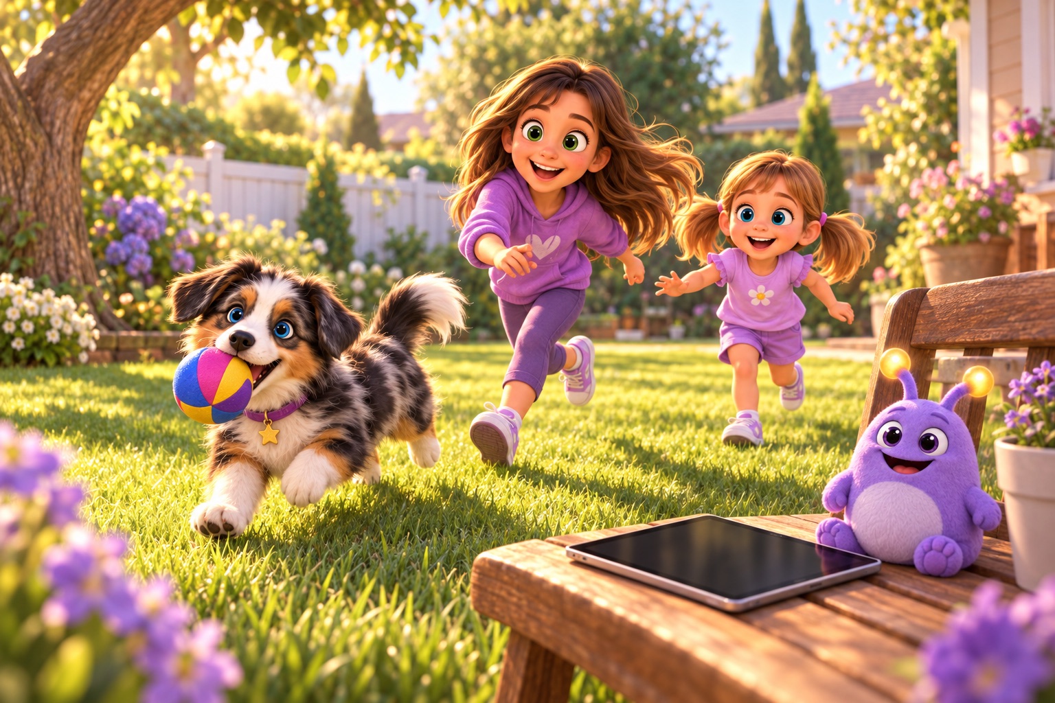 The sisters run across a sunny backyard after Blue, who carries a beach ball in his mouth, leaving the iPad and a plush Lilo behind on a garden bench.
