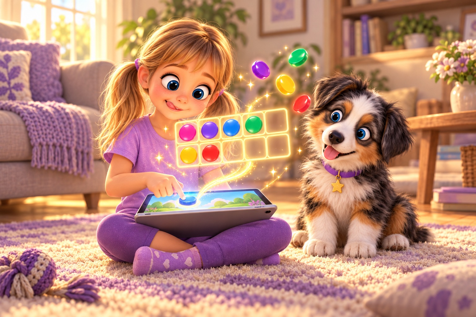 The younger sister sits cross-legged with her tongue out in concentration, sliding a glowing counter from her iPad into a ten-frame made of light while Blue the puppy watches, head tilted.