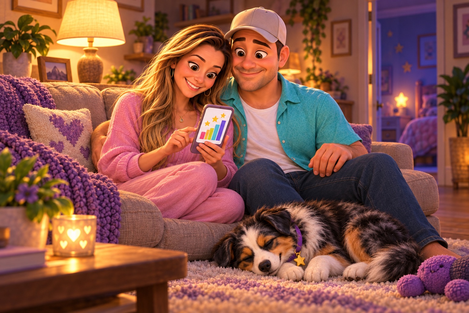 Mom and dad cuddle on the couch in the evening, smiling at a colorful bar chart on her phone while Blue naps on the rug at their feet.