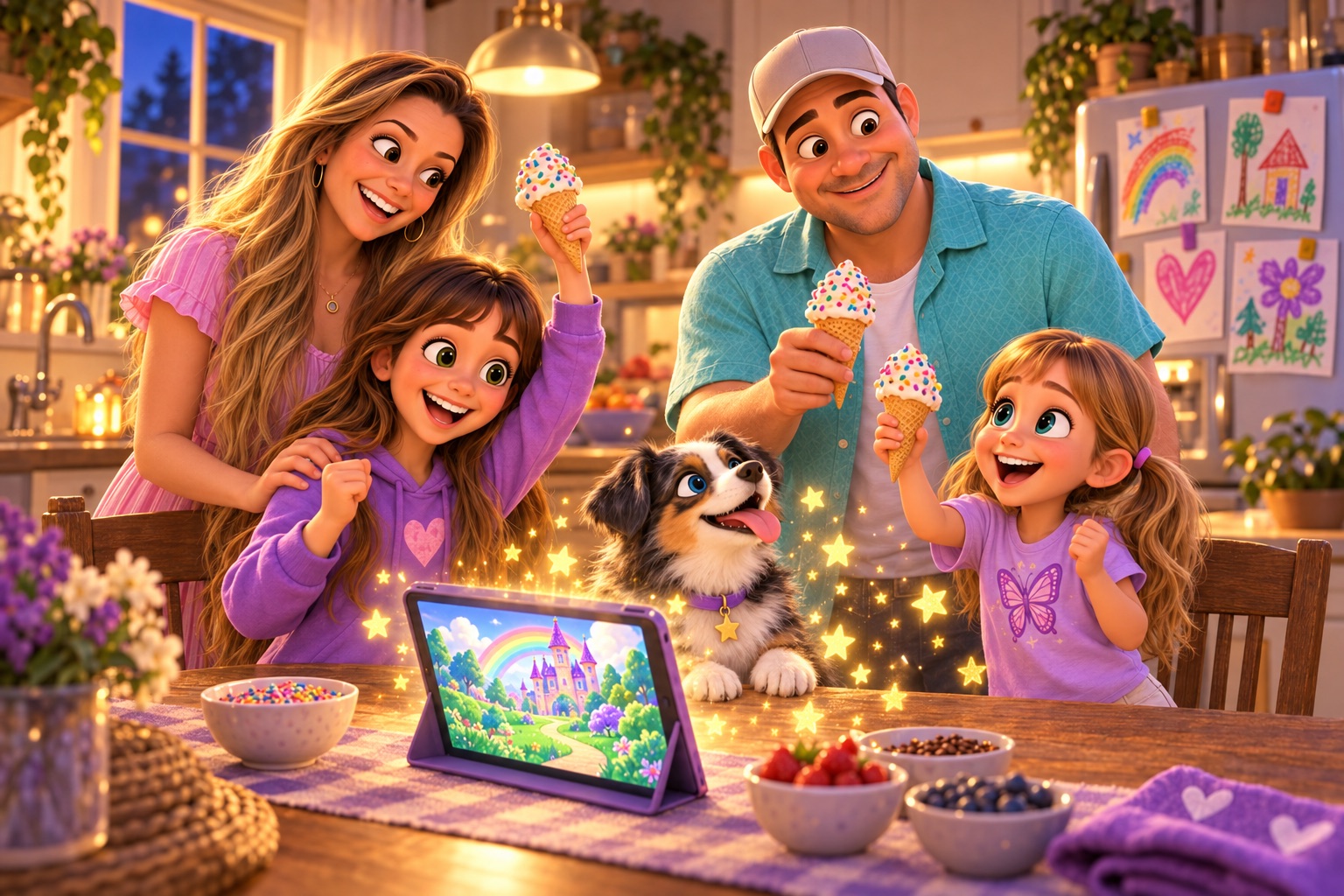 Mom, dad and the two sisters cheer around the kitchen table with sprinkle ice-cream cones while golden stars sparkle up from the iPad and Blue the puppy joins in.
