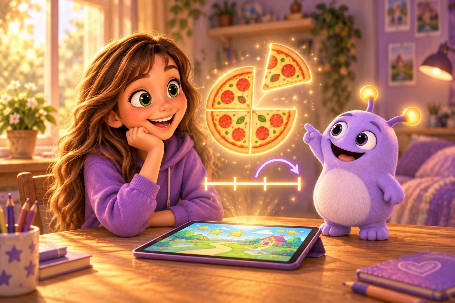 The older sister has an "aha!" moment at her desk, chin in hand: a glowing pizza cut into fourths and a number line with a hopping arrow float above her iPad, and Lilo points at the slice lifting out.
