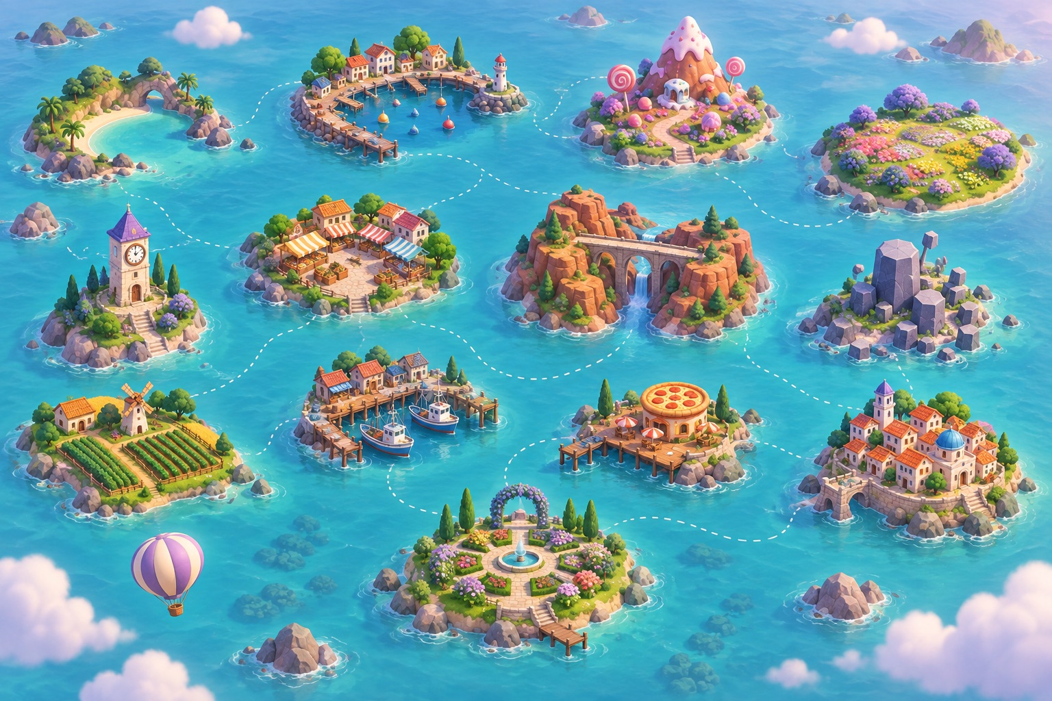 The painted map of the Number Islands from the game: thirteen little islands on a turquoise sea.