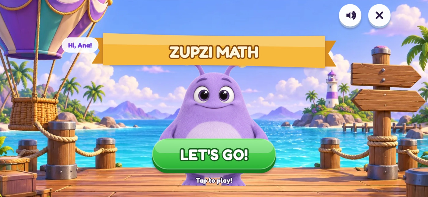 The Zupzi Math title screen: Lilo, a round lavender Numbling with glowing antennae, stands on a wooden dock by a turquoise sea under a ZUPZI MATH banner, with a hot-air balloon, a lighthouse and a big green LET'S GO! button.