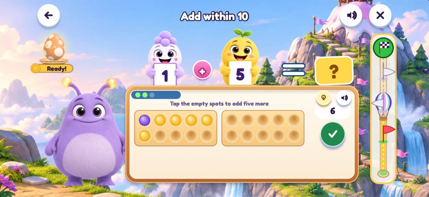 An Add within 10 problem: two fluffy friends hold the cards 1 and 5, and the child taps empty spots on a ten-frame to add five more counters while Lilo watches and a counter shows 6.