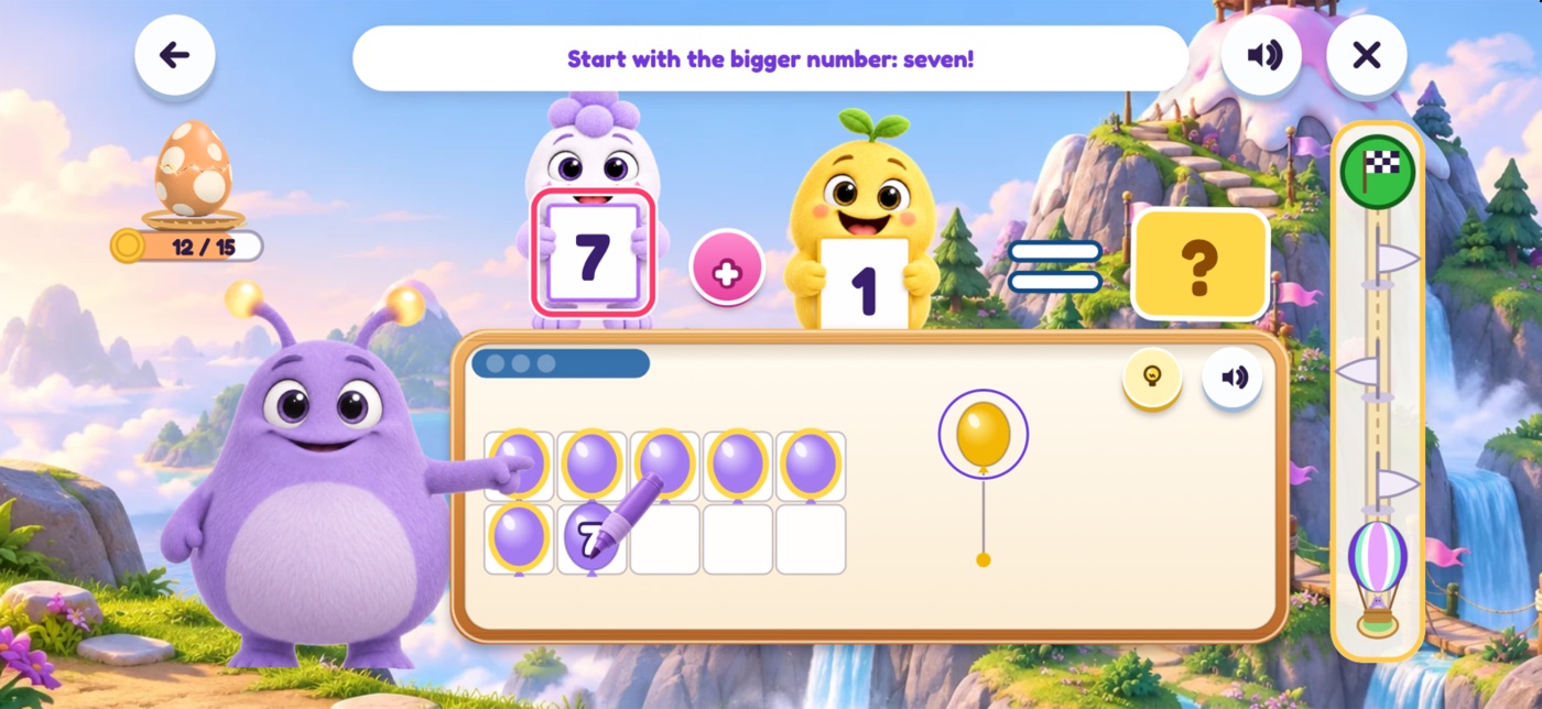 After a wrong answer, Lilo points at a ten-frame of balloons while a marker pen writes 7 on the seventh balloon. The caption reads Start with the bigger number: seven!, with the 7 card circled in red.