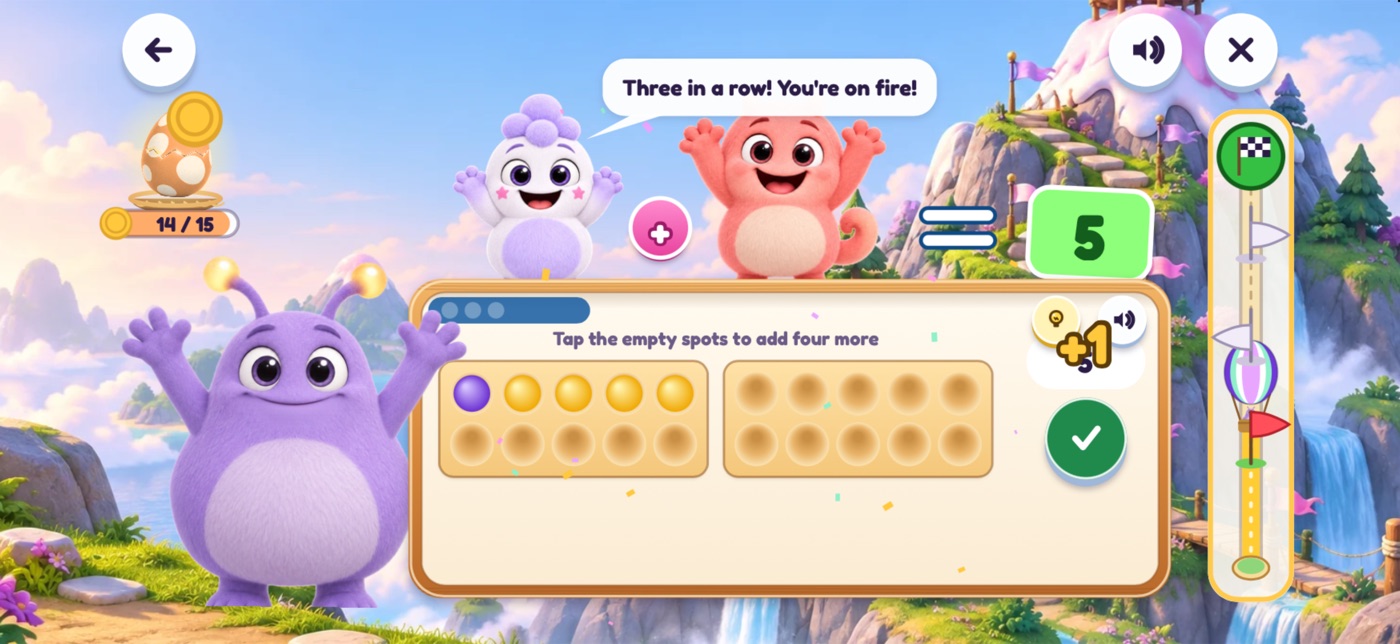 A correct answer: Lilo and two Numbling friends throw their arms up, a bubble says Three in a row! You're on fire!, the answer box turns green with 5, and a +1 coin flies toward the egg.