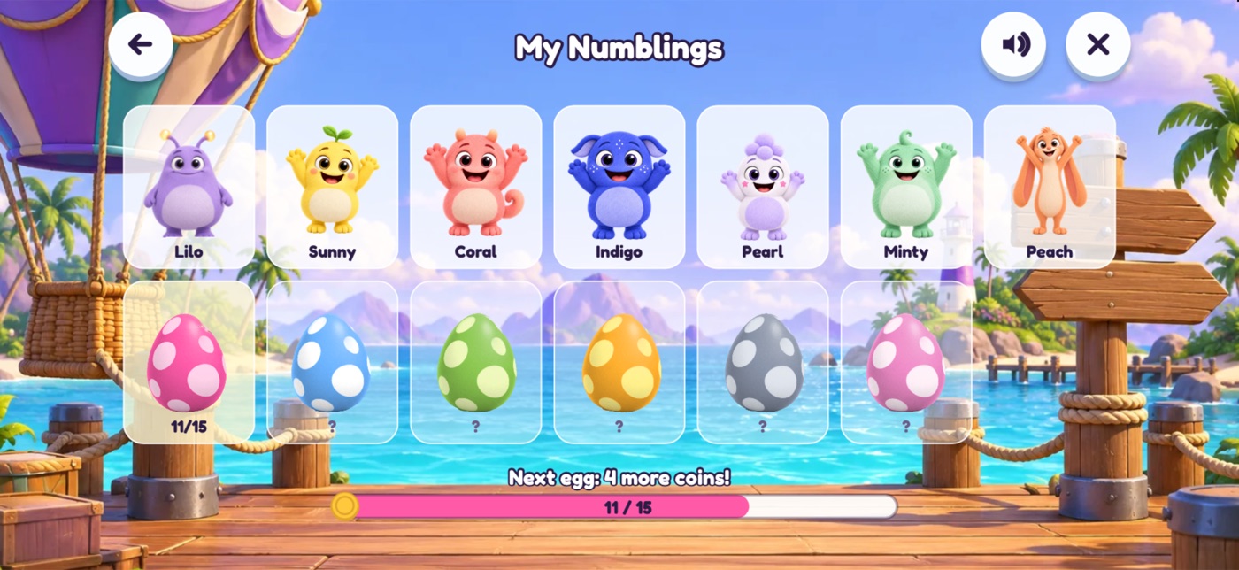 The My Numblings collection on the dock: seven Numbling friends (Lilo, Sunny, Coral, Indigo, Pearl, Minty and Peach) above a row of colorful spotted eggs, with a progress bar reading Next egg: 4 more coins!