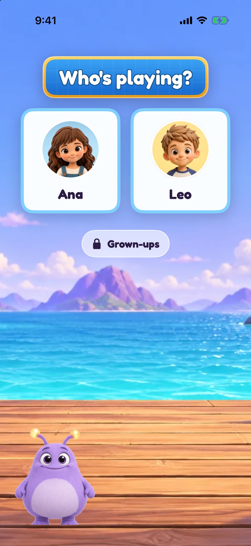 The Who's playing? screen on a phone held upright: two cards with cartoon portraits of the children Ana and Leo, a Grown-ups button with a lock, and Lilo waving from the dock by the sea.